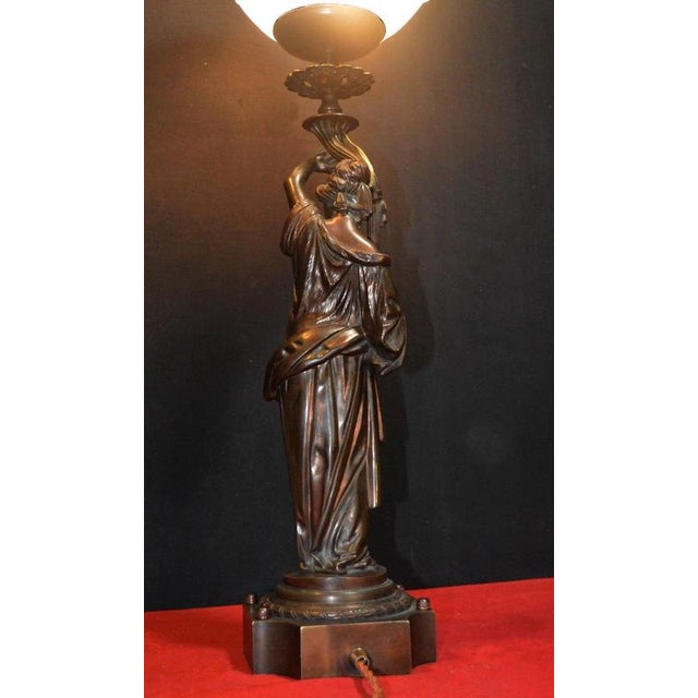 19th Century French Bronze Figural Lady Lamp with Opaline Globe, 1865 For Sale - Image 10 of 18