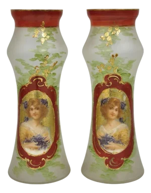 Vintage German Victorian Frosted Glass Painted Figural Woman Bust Vase - A Pair