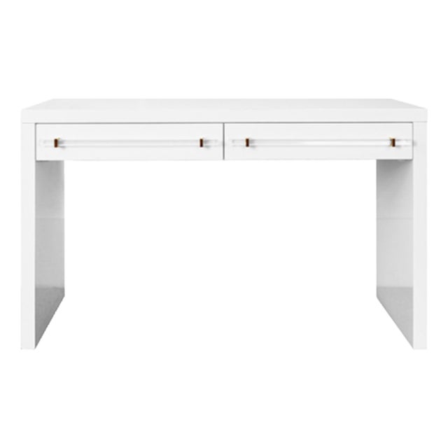 Matthew Izzo Home Ralph Glossy White Lacquer Two Drawer Executive Desk With Acrylic and Brass Hardware For Sale
