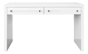 Matthew Izzo Home Ralph Glossy White Lacquer Two Drawer Executive Desk With Acrylic and Brass Hardware