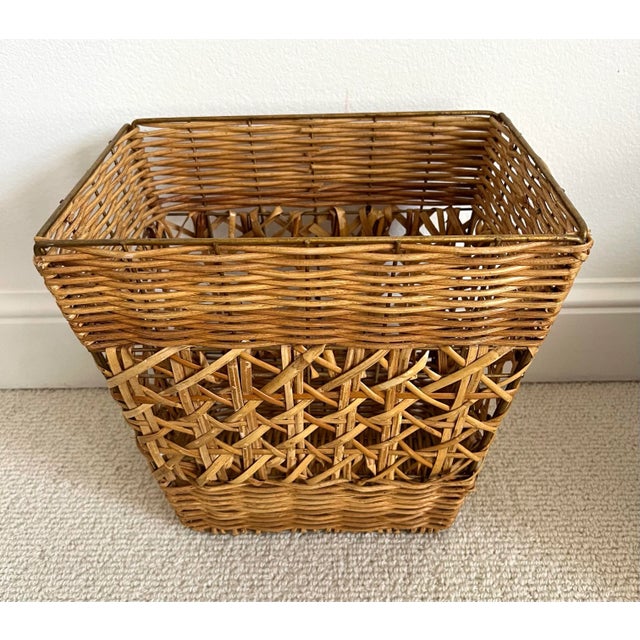 1970s Rattan and Wicker Basket Weave Wastebasket For Sale - Image 5 of 8