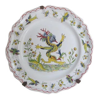 Antique French Desvres, Majolica, Faience Dragon Plate, Hand Painted For Sale