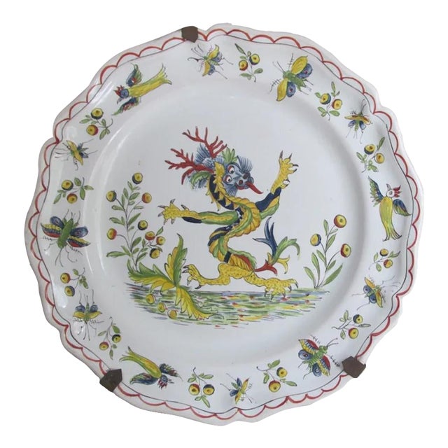 Antique French Desvres, Majolica, Faience Dragon Plate, Hand Painted For Sale