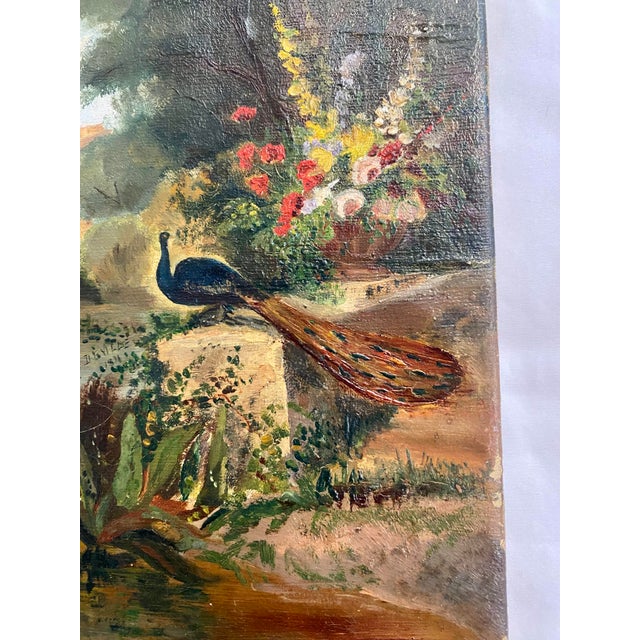 French Vintage, Oil on Canvas, French Garden/Peacock Painting, 1930s For Sale - Image 3 of 4