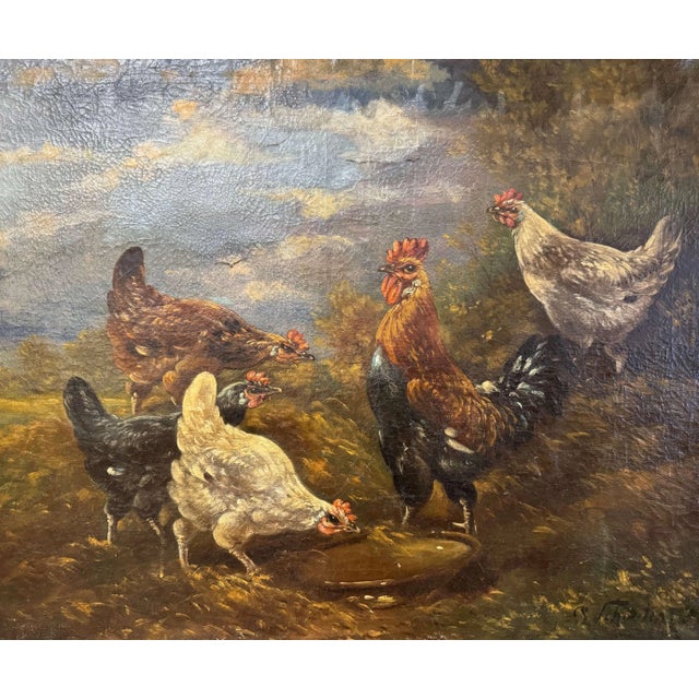 Traditional 19th Century Oil on Canvas Chicken Painting in Gilt Frame Signed H. Schouten For Sale - Image 3 of 10