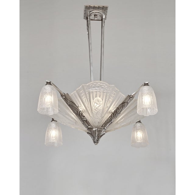 Jamain & Frontisi A beautiful French 1935 art deco chandelier in nickel plated solid brass or bronze by Célestin Jamain...