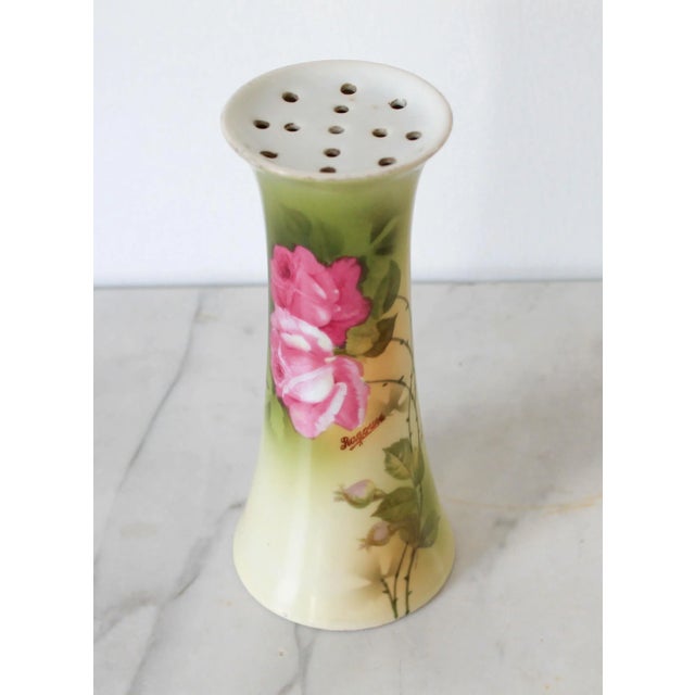 Vintage hand panted hatpin holder with pink and white roses. Made in Germany. Signed by artist. Marked Bavaria on bottom....