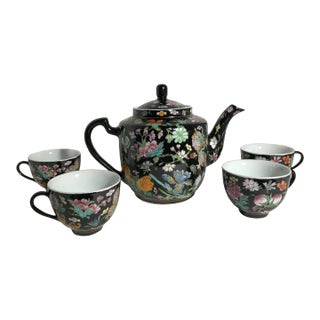 Vintage Chinese Famille Noire Porcelain Hand Painted Tea Set Teapot & 4 Cups For Sale