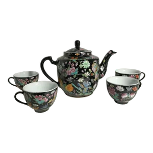 Vintage Chinese Famille Noire Porcelain Hand Painted Tea Set Teapot & 4 Cups