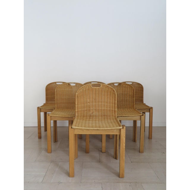 Set of six chairs designed by Luciano Bertoncini and produced by Bellato with foot structure in solid oak wood, seat with...