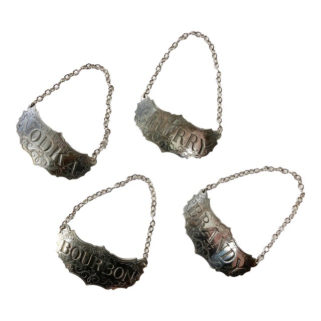 Vintage Steiff Pewter Liquor Decanter Tags - Vodka, Bourbon, Brandy, Sherry For Sale