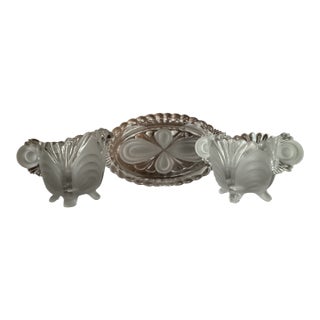 1940s LaLique Inspired Art Deco Design, Scrolls and Seascapes, Satin and Clear, Cream, Sugar on Tray - Three Piece Set For Sale