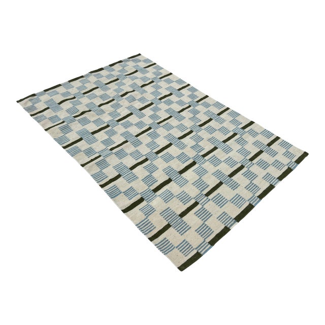 Handmade Woolen Flat Weave Rug, Cream, Sky Blue and Sage Green Striped Wool Rug - 6'x9' For Sale