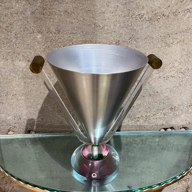 AMBIANIC presents 1960s Vase Memphis School Style after Fenton VASA Murrhina Lucite and Aluminum Vase fused green and...