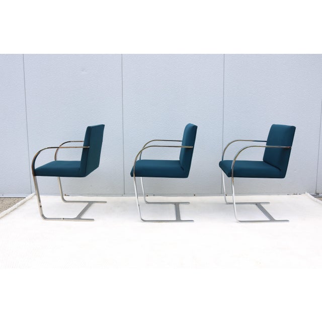 Ludwig Mies Van Der Rohe Brno Flat Bar Chairs in Blue Fabric by Gordon, Set of 3 For Sale - Image 15 of 18