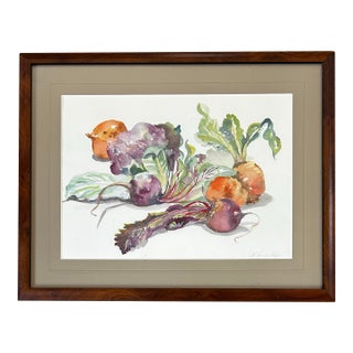 Vintage Original Watercolor Painting of Beets in Maple Frame For Sale