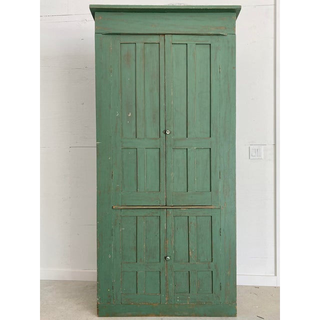 1900 - 1909 Primitive Painted Green Four Door Cabinet With Original Brass Sliding Lock For Sale - Image 5 of 18