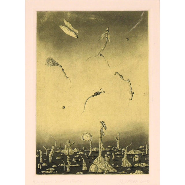 "Triangular Sunset Situation" - Surrealist Colored Etching #15/16, 1978 Surrealist landscape with creatures by James C....