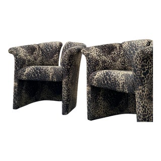 1970s Thayer Coggin for Robb & Stucky Postmodern Leopard Upholstered Barrel Chairs – A Pair For Sale