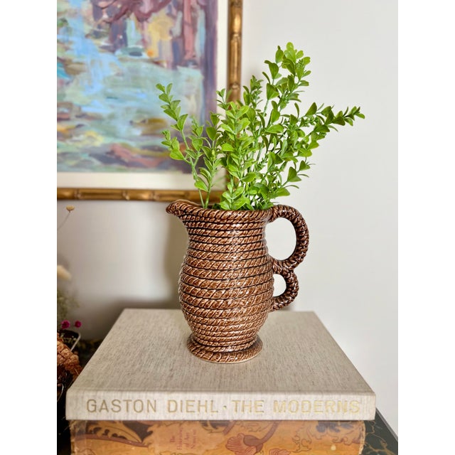 Charming vintage Scottish ceramic pitcher by Govancroft Pottery, featuring a rich brown glaze and signature rope-style...