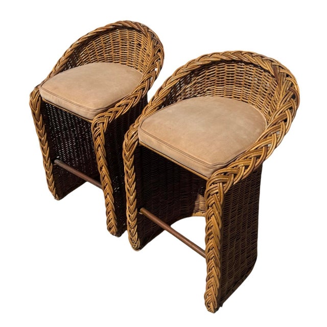Wood Pair Vintage Braided Rattan Counter Height Bar Stools For Sale - Image 7 of 9
