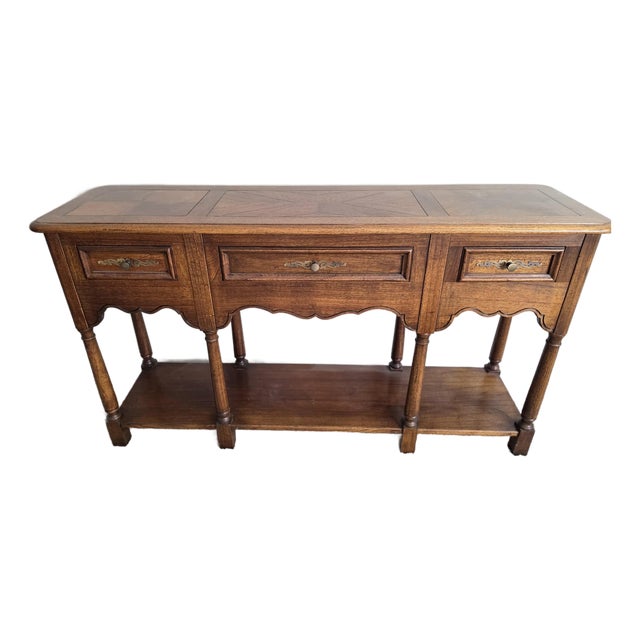 1950s Herman Couch Console Table Solid Oak Three Drawers No Mirror For Sale