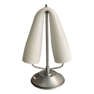 Space Age Table Lamp with Curved Opal Glass Shade and Two Lights attributed to Mazzega For Sale