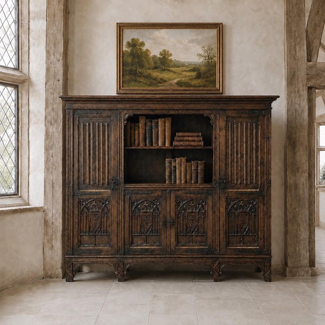 Impressive in scale and rich in medieval-inspired detail, this solid oak Gothic Revival cabinet bookcase combines generous...
