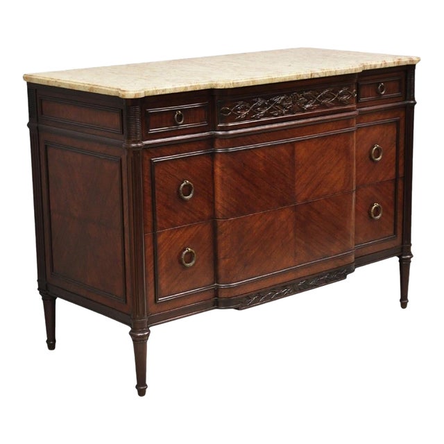 Antique French Louis XVI Maison Jansen Style Mahogany Marble Top Dresser Commode For Sale