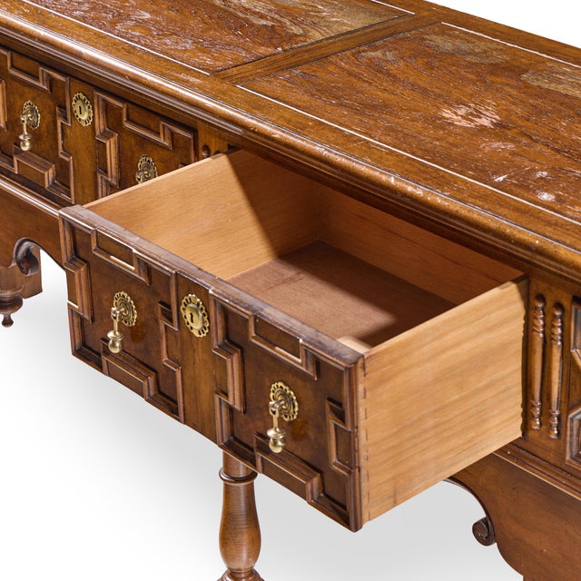 Baker Furniture Jacobean Style Oak, Burlwood and Brass Console Table Credenza For Sale In Chicago - Image 6 of 8