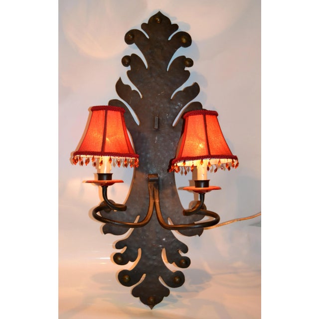 Metal Spanish Gothic Revival Forged & Hammered Iron 2 Light Sconces - a Pair For Sale - Image 7 of 13