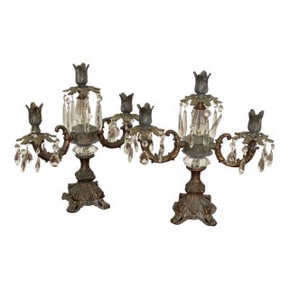 1950s Vintage Hollywood Regency Brass Metal Candelabras With Hanging Crystals - a Pair For Sale
