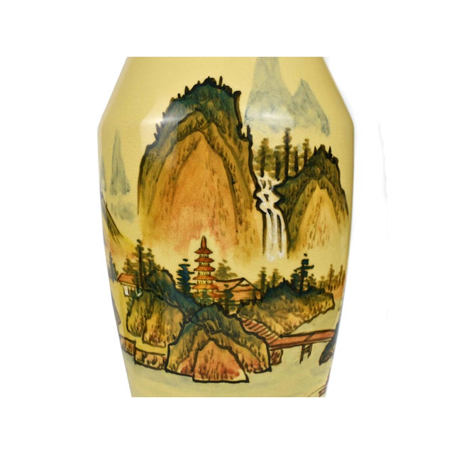 Mid 20th Century Tall Mustard Yellow Crackle Glazed Hand Painted Shan Shui Landscape With Calligraphy Poem Porcelain Vase For Sale - Image 9 of 11