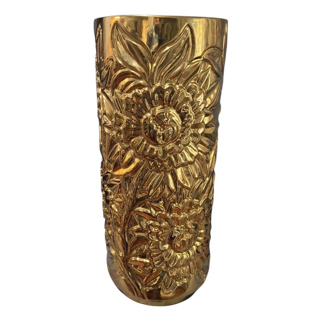 Late 20th Century Hollywood Regency Gold Embossed Ceramic Floral Umbrella Cane Vase Stand For Sale
