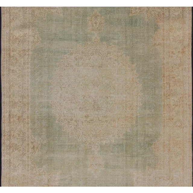 Distressed Turkish Rug With Floral Medallion in Light Green, Tan and Taupe For Sale - Image 4 of 13