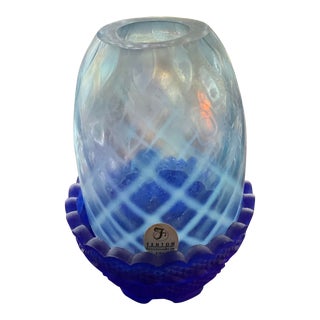 1980s Fenton Fairy Lamp With Cobalt Bottom and Light Blue Diamond Optic Quilted Opalescent Basketweave Shade For Sale
