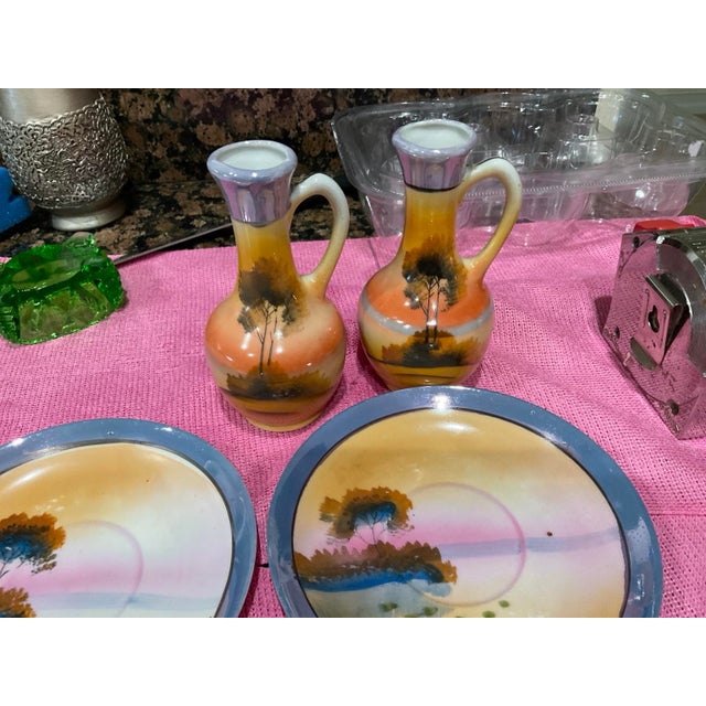 1930s 1920s–1930s Japanese Art Deco Hand-Painted Landscape Lusterware Collection – 6 Pieces For Sale - Image 5 of 7