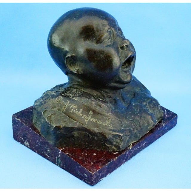 Pietro Ceccarelli, Bust of Newborn Baby First Cry, 1890s, Bronze and Marble For Sale - Image 10 of 18