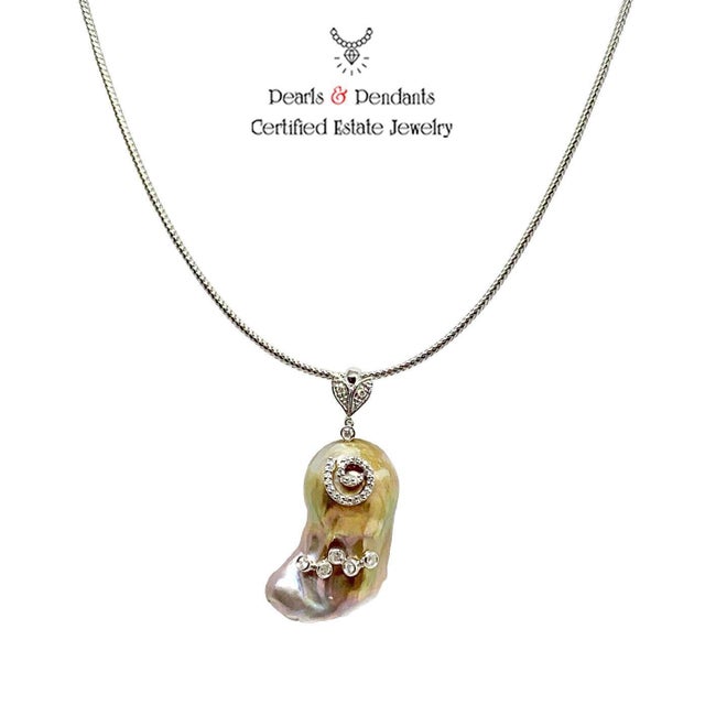 Diamond Freshwater Pearl Necklace Baroque 14k Gold Italy Certified For Sale In New York - Image 6 of 7