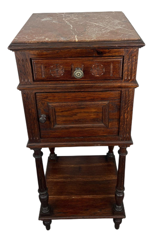 Antique French Oak Bedside Table with Marble Top