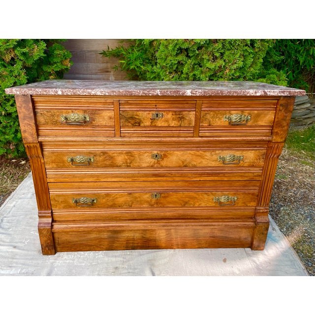 Wood Early 20th Century Victorian Oxblood Marble 5 Drawer Chest Dresser For Sale - Image 7 of 12