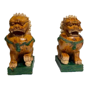 Antique Ceramic Glazed Pair of Foo Dogs