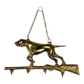 Vintage Brass Hunting Dog With Rifle Key Holder Wall Hook For Sale