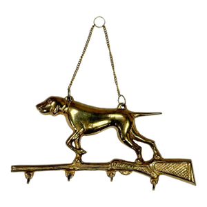 Vintage Brass Hunting Dog With Rifle Key Holder Wall Hook