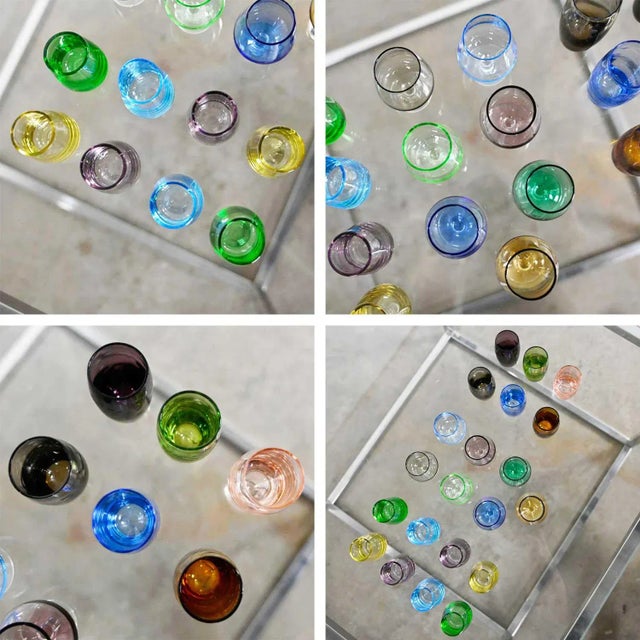 Vintage Set of 21 Blown Glass Multi Color Small Cocktail Snifters Cordials or Shot Glasses 3 Sizes For Sale - Image 11 of 13