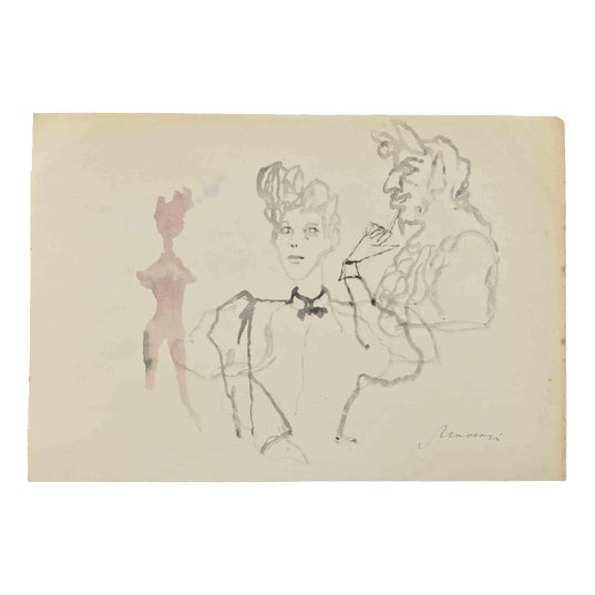Mino Maccari, The Devil, Watercolor Drawing For Sale