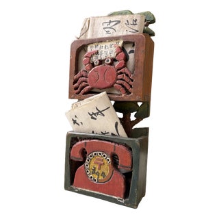 Vintage Japanese Wooden Letter Holder with Crab and Telephone, 1960s For Sale