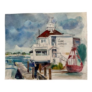 Marie Guella Signed Original Watercolor Painting Lighthouse Harbor Nautical Scene For Sale
