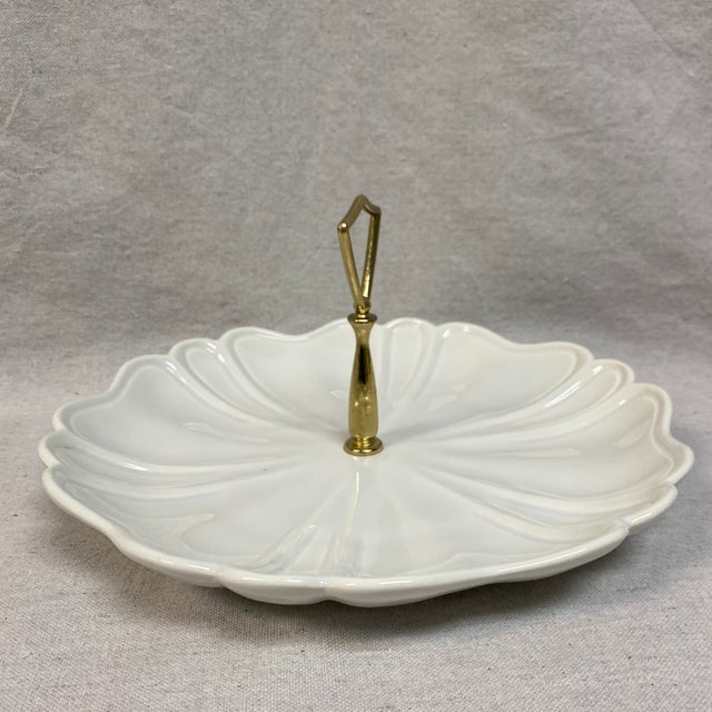 Metal Vintage California Pottery Cream White Relish Dish Tray With Gold Metal Handle For Sale - Image 7 of 12