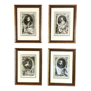 Set of Four Framed George Vertue Portrait Engravings in Neoclassical Gilt Frames